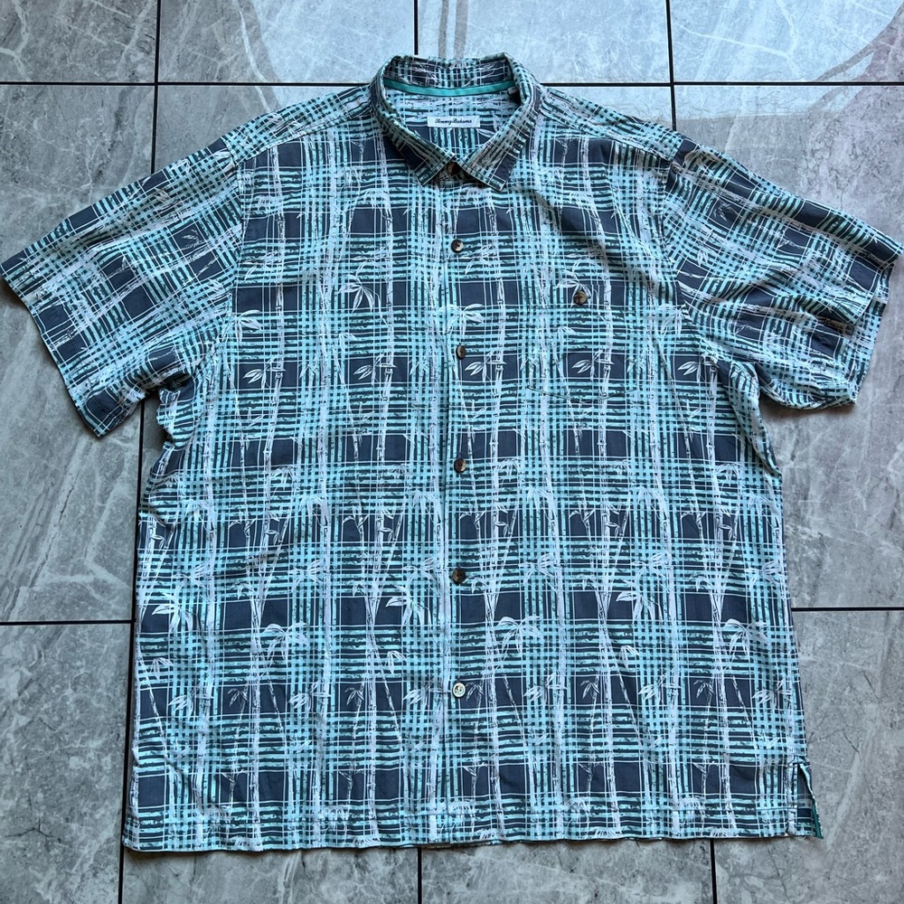 Tommy Bahama Mens Teal/White Bamboo Plaid Pattern ShortSleeve ButtonUp Shirt 2XL